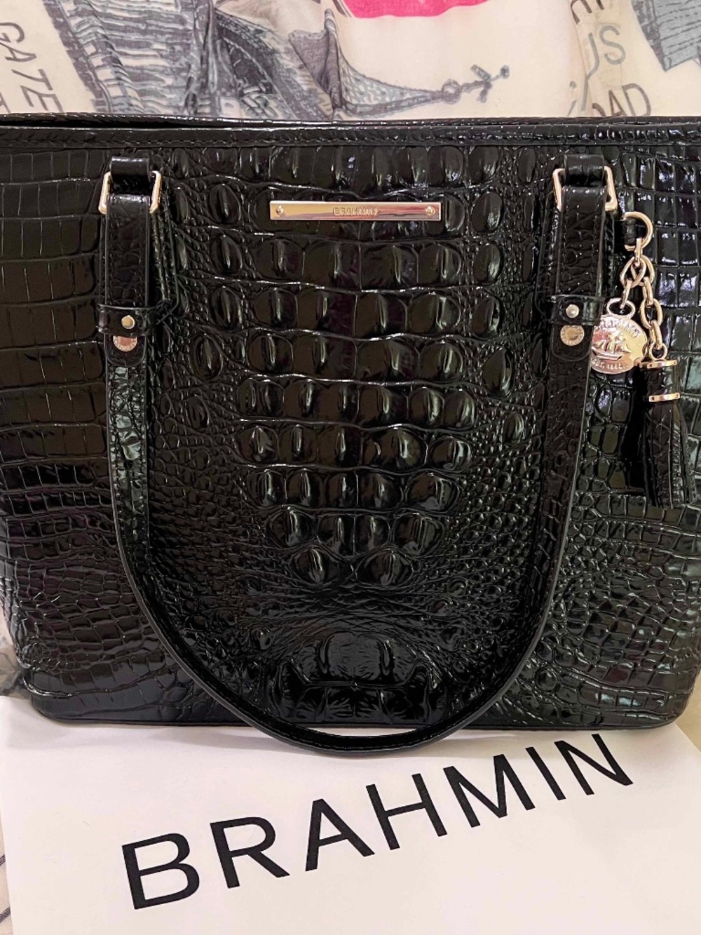 Brahmin Black Melbourne Asher Tote High-Shine Glazed (Patent-Look) Croc Leather